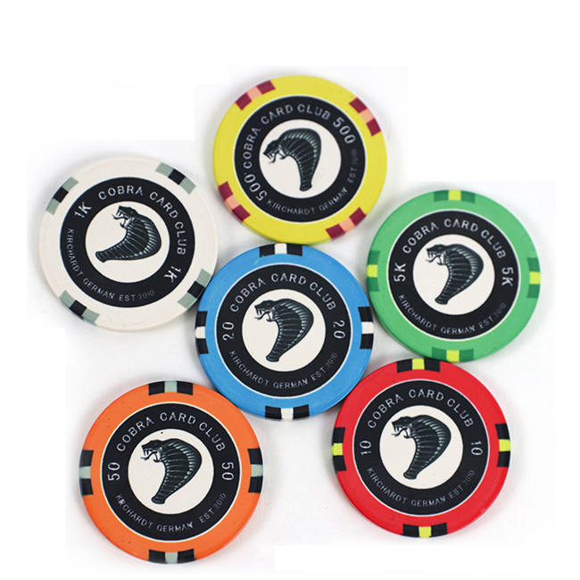 CMC049 Wholesale Colorful Snake Ceramic Poker Chips 10g 39mm 43 45 46 50 52 55 Diameter Custom Logo Free Design for Playing 10g Games