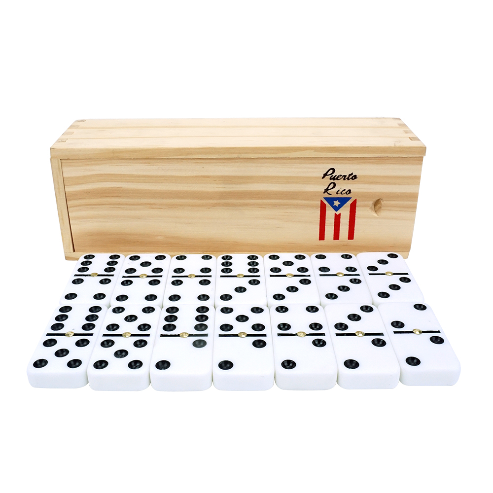 Professional flag cuba domino game set enraved double 6 28pcs white domino block spinner in wooden box for table game