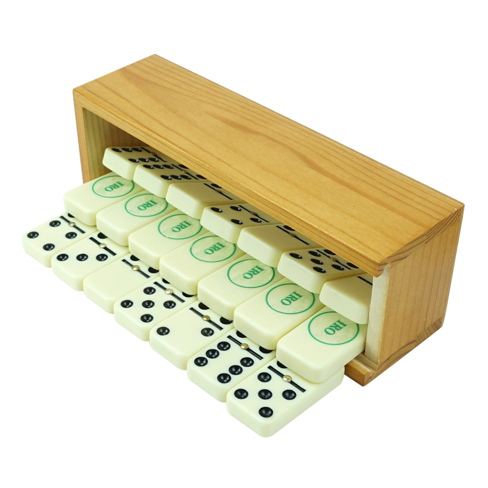 Customizable wholesale plastic dominos game set double 6 six printing one color ink logo with wooden case for indoor game